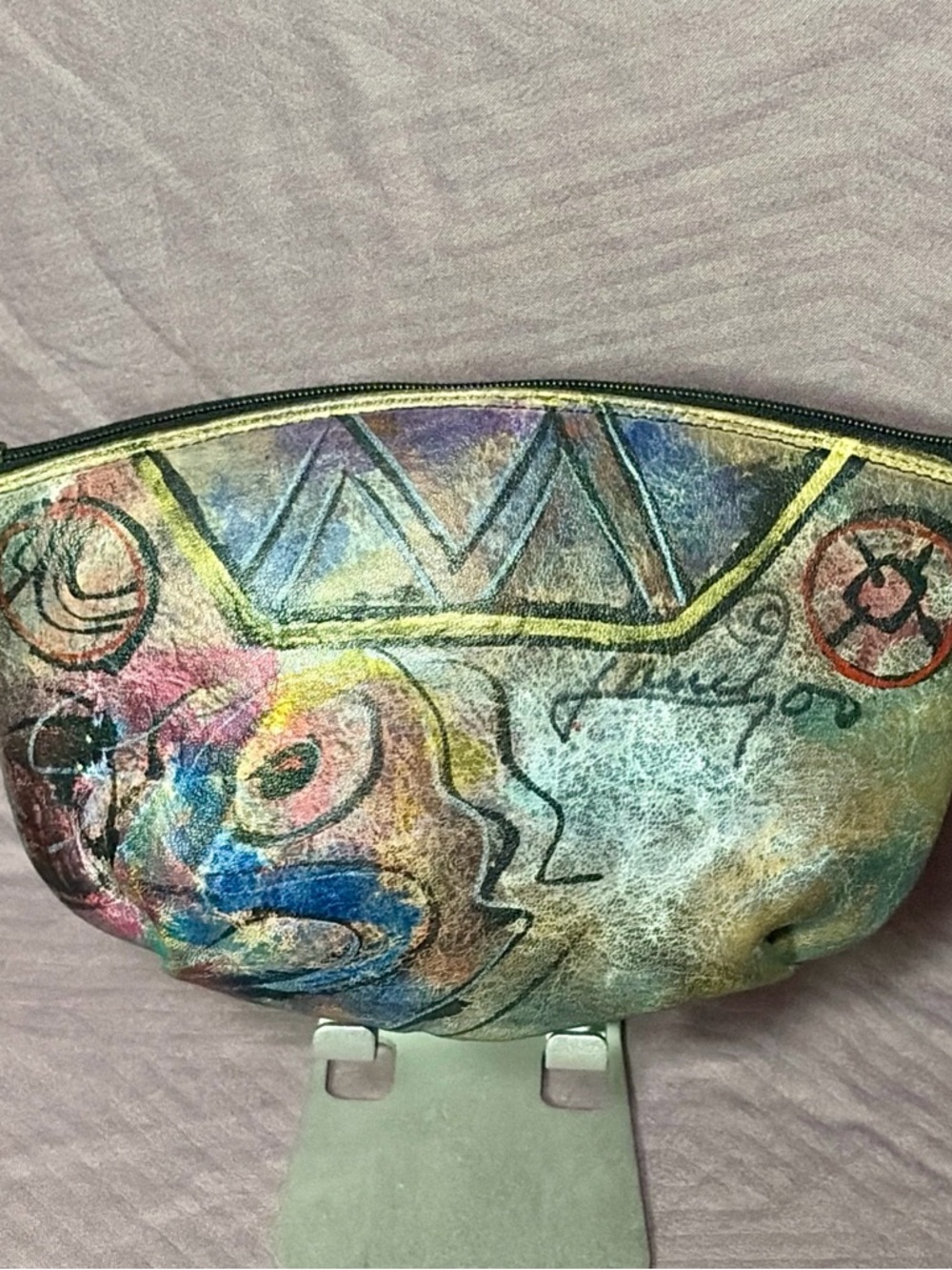 Jane Yoo Hand Painted Leather Cosmetic Pouch Signed Art Zip 7.5x5 New
